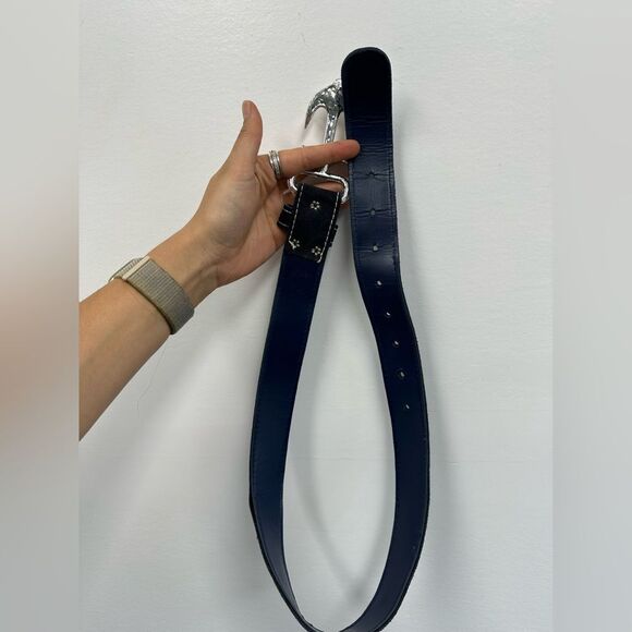 Vintage Blue Suede Leather Anchor Nautical Belt Silver Tine Buckle adjustable M - Picture 6 of 9